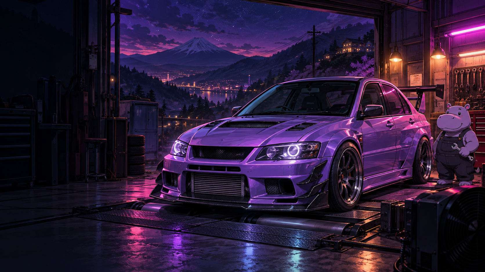 A purple Evo on a dyno in a neon mountain garage with a hippo mechanic